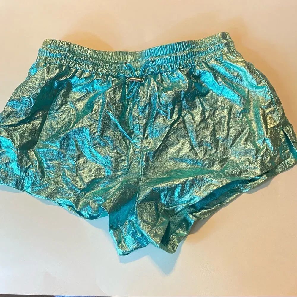 Forever 21 Metallic Foil Party dance aqua hi rise lined bootie shorts rave Small